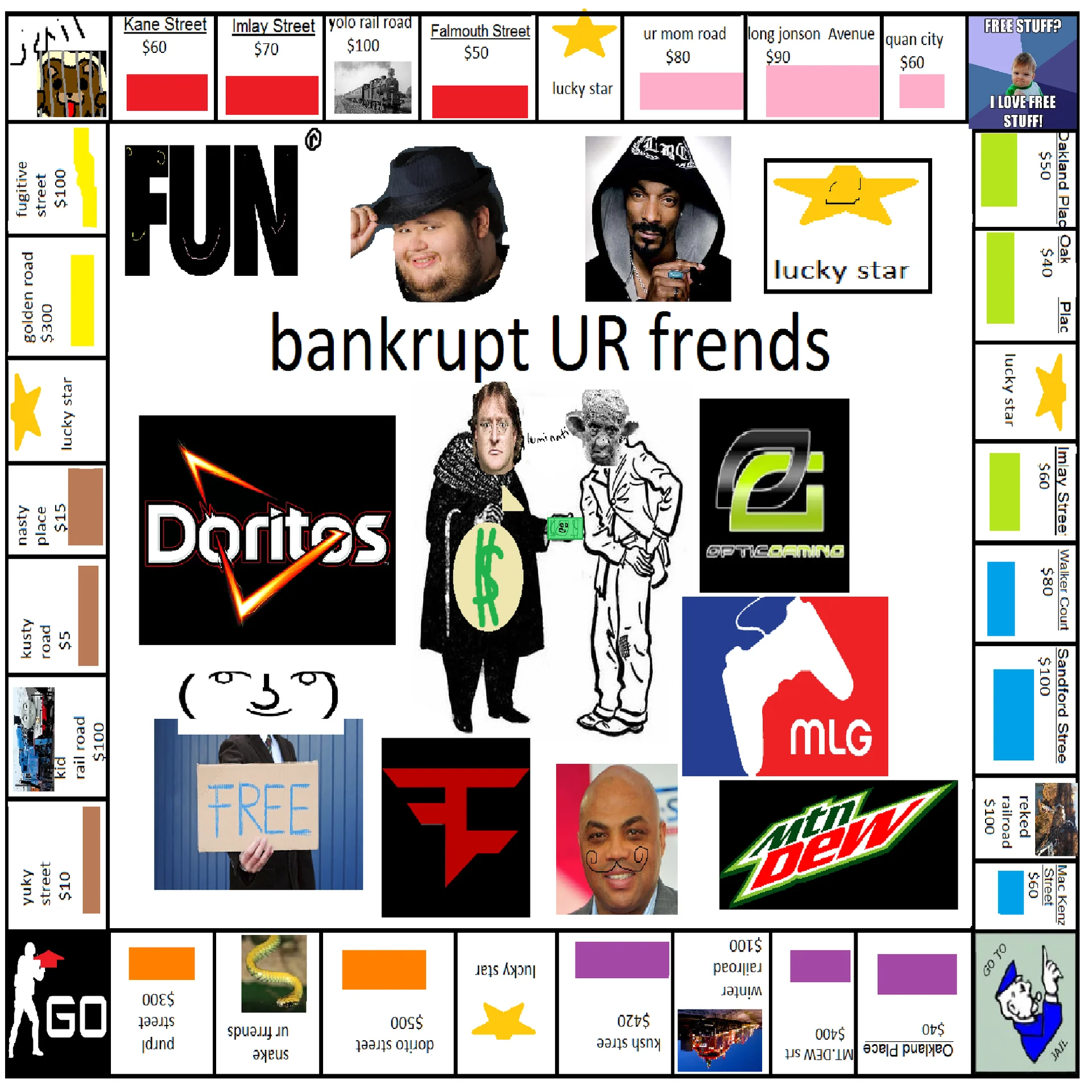 Major League Gaming — Parody Monopoly board 'bankrupt UR frends' covered in MLG meme logos and characters