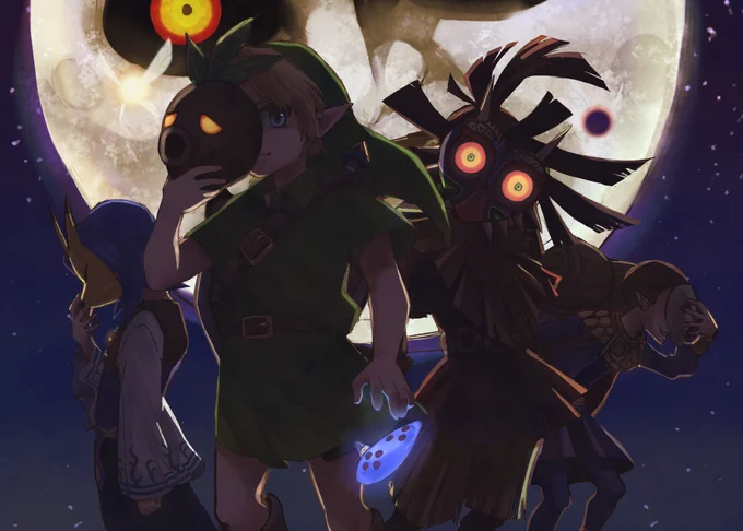 Majora's Mask — Fan art of Link holding Deku Mask beside Skull Kid under the moon