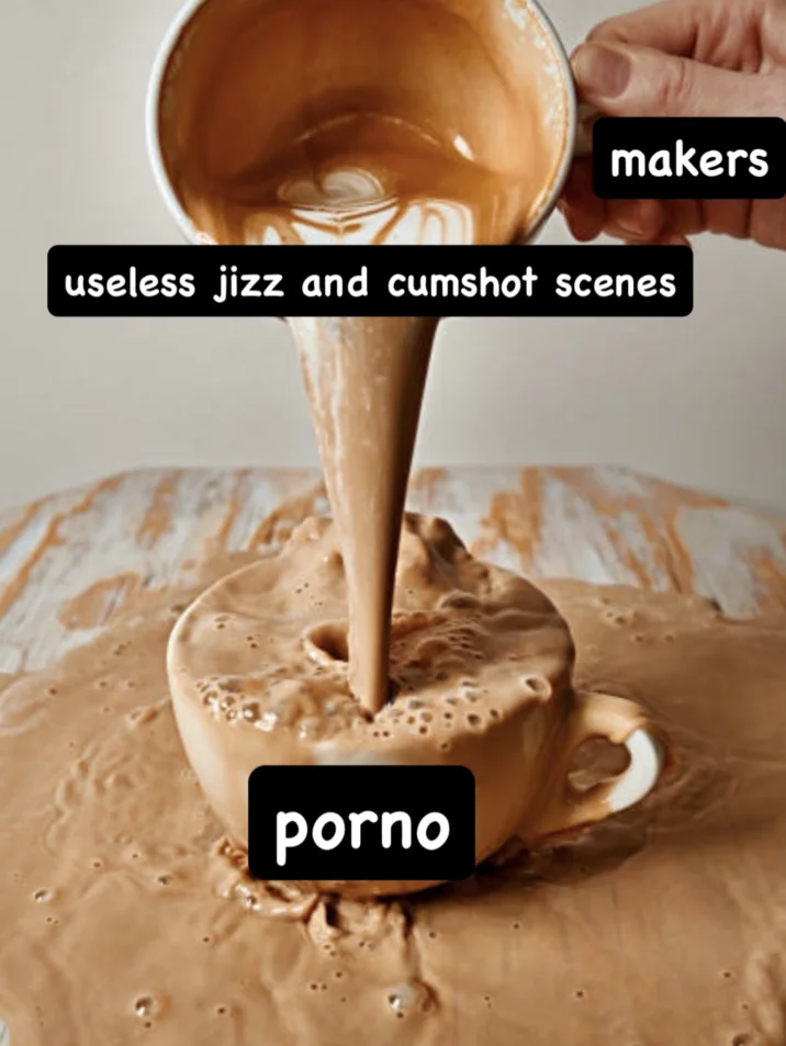 "Makers" Adding "Unnecessary Sex Scenes" — Variant ladle meme with makers pouring useless jizz and cumshot scenes into porno cup