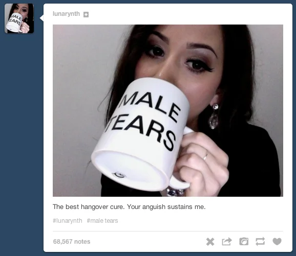 Tumblr screenshot of Male Tears mug post with 68,567 notes