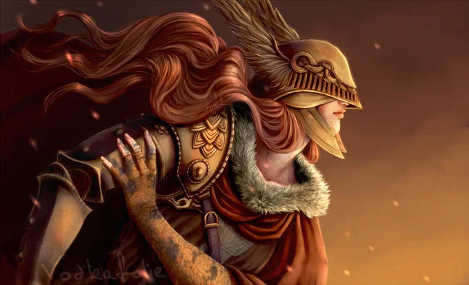 Malenia Blade Of Miquella — Official character artwork of Malenia from Elden Ring featuring her distinctive red hair, elaborate winged golden helm, and