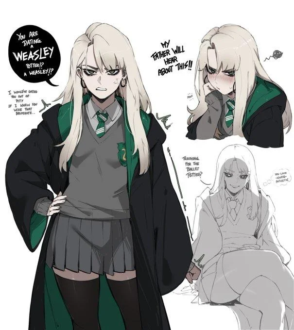 Malfoid — Blonde female Draco Malfoy with crossed arms in Slytherin school uniform.