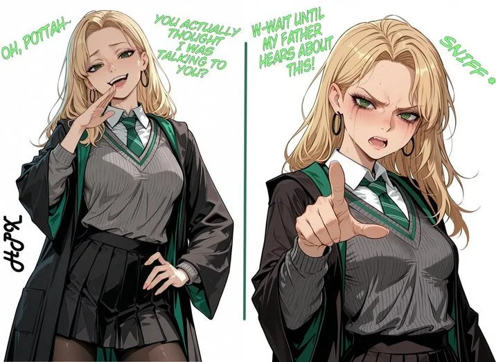 Malfoid — Female Draco Malfoy crying at a bathroom mirror in Slytherin uniform.