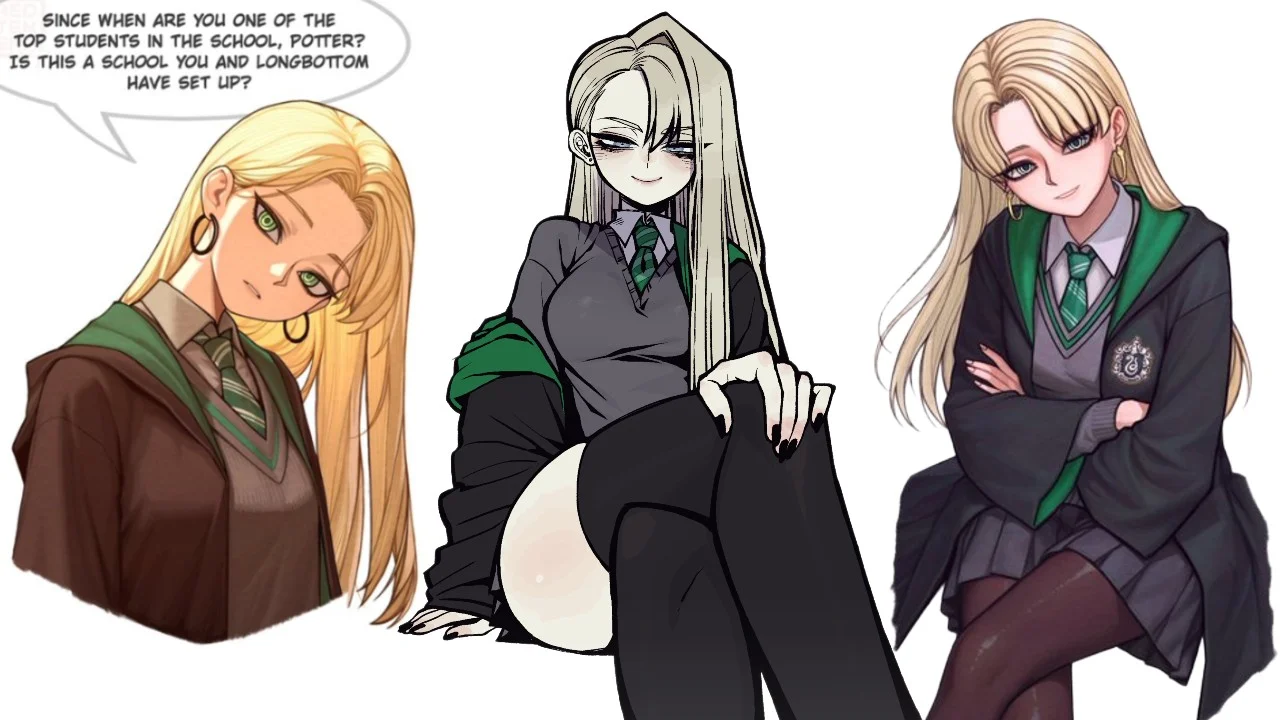 Malfoid — Three anime illustrations of a female Draco Malfoy in Slytherin uniform with blonde hair.