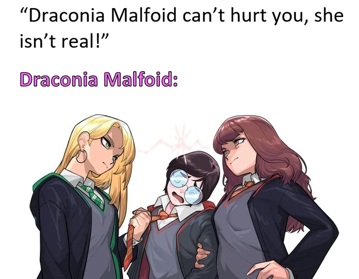Multi-panel Malfoid fan art featuring angry expressions and Draco catchphrases.
