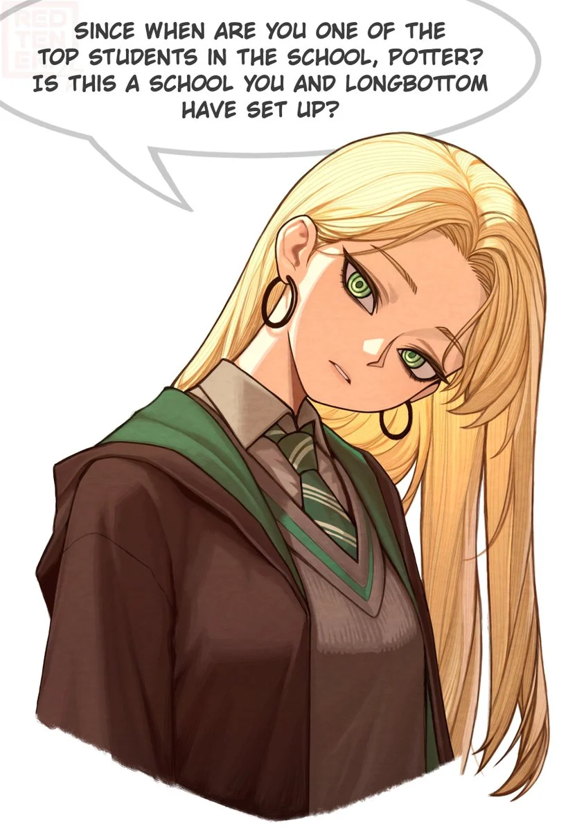 Two-panel Malfoid fan art with mocking and angry expressions and Draco catchphrases.