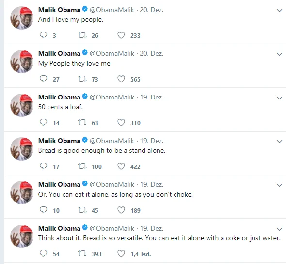 Screenshot of Malik Obama tweets about his people and bread