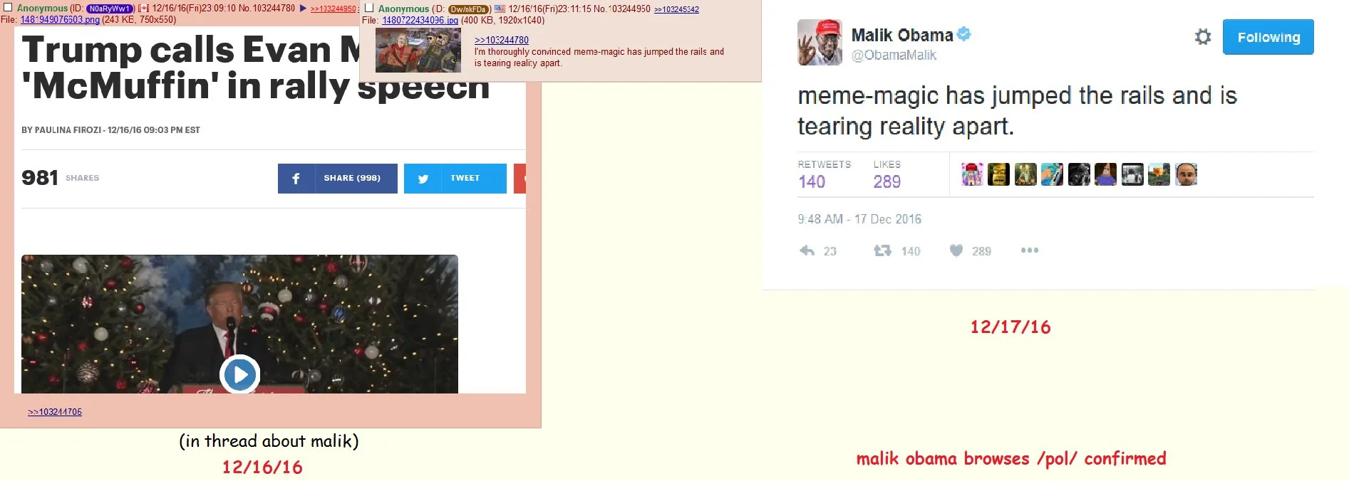Composite screenshot comparing 4chan pol posts to a Malik Obama tweet about meme magic