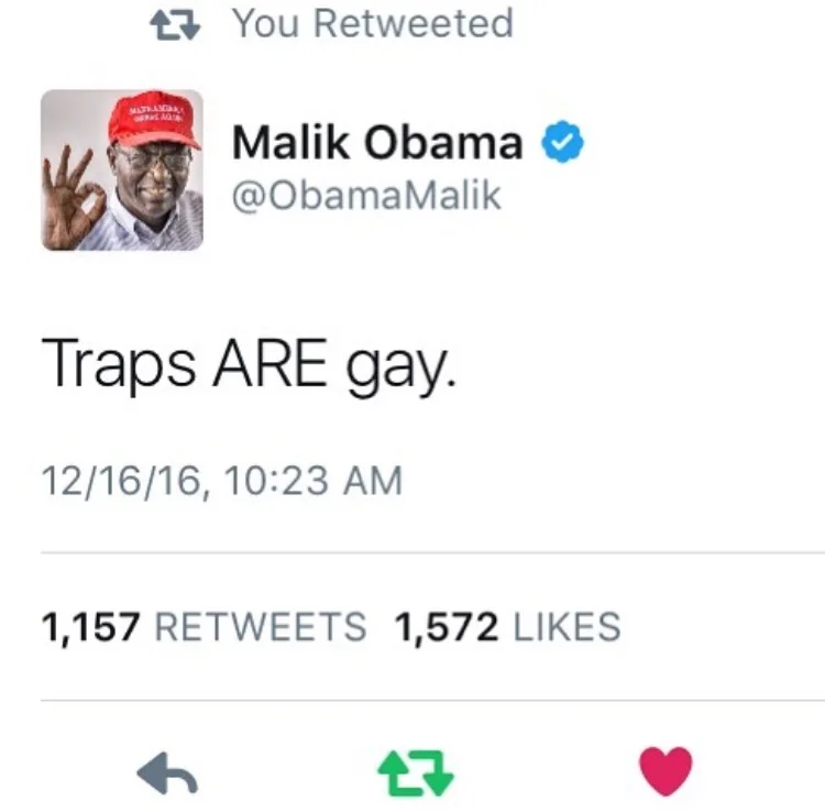 Screenshot of a controversial three-word Malik Obama tweet from December 2016