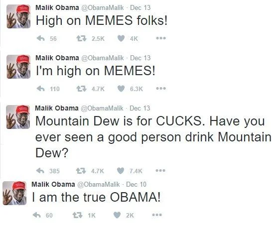 Screenshot of Malik Obama tweets about memes and being the true Obama