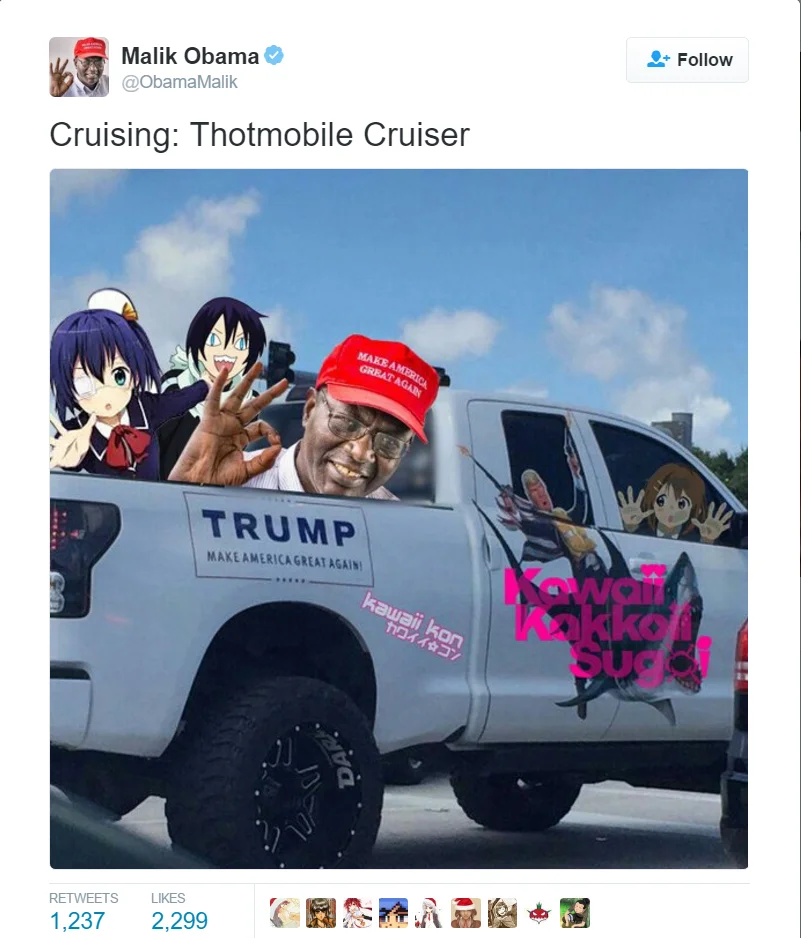 Malik Obama tweet showing anime edited Trump pickup truck called Thotmobile Cruiser