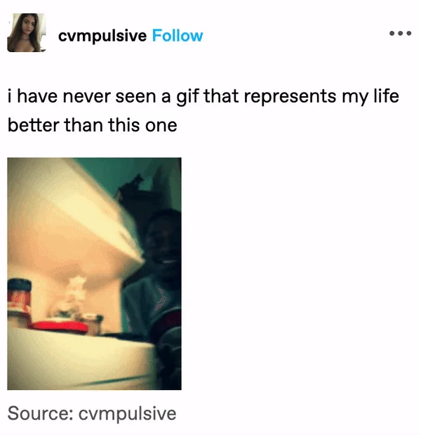 Man Disappointed by Fridge — Tumblr post from user cvmpulsive sharing the man-at-fridge GIF with a relatable caption.