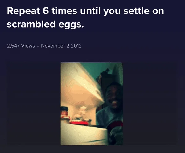 Man Disappointed by Fridge — Captioned post reading 'Repeat 6 times until you settle on scrambled eggs' with the man-at-fridge GIF below.