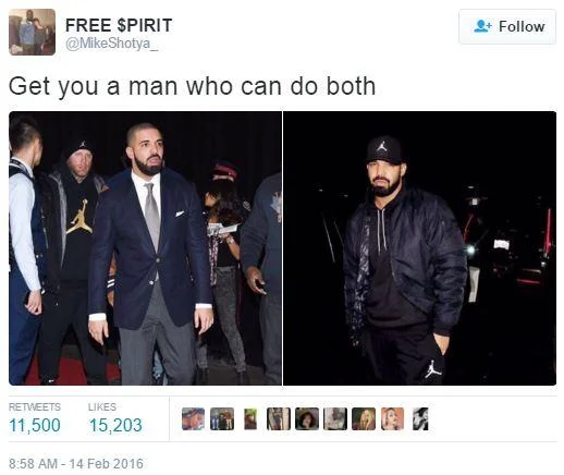 Get You a Man Who Can Do Both — A Twitter screenshot showing formal attire on the left and casual outfit on the right, representing the original viral post