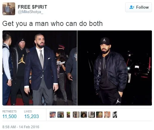 Get You a Man Who Can Do Both — A Twitter screenshot of the foundational viral post showing formal attire on the left and casual outfit on the right.