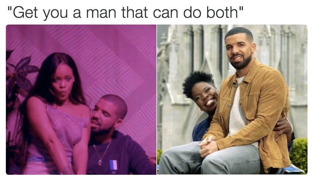 Get You a Man Who Can Do Both — A split image comparing a nightclub party scene on the left with a happy couple photo on the right, emphasizing relationship