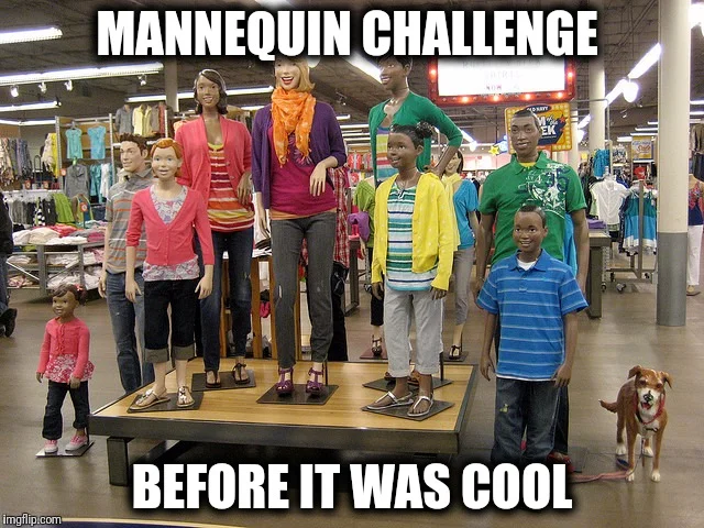 A diverse group of people stand frozen in exaggerated stiff poses among retail clothing displays, capturing a quintessential Mannequin Challenge moment.