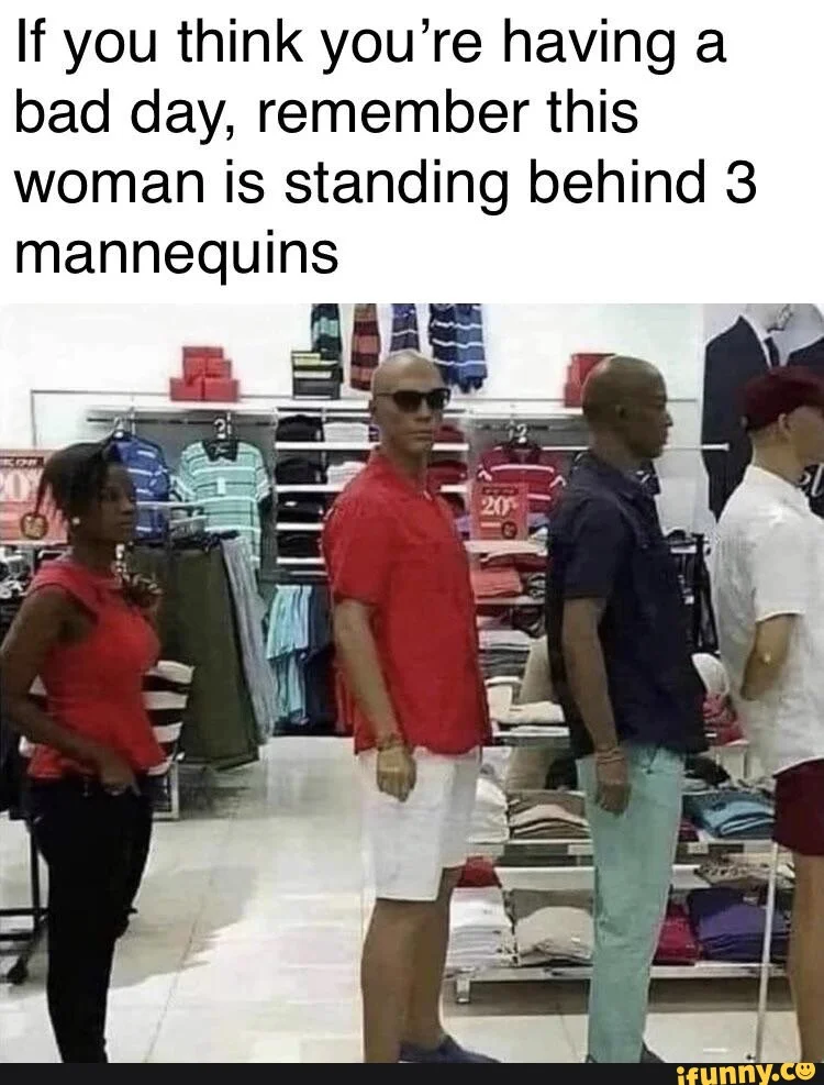 Mannequin Challenge — A comedic image of a woman positioned among store mannequins with humorous text commentary.