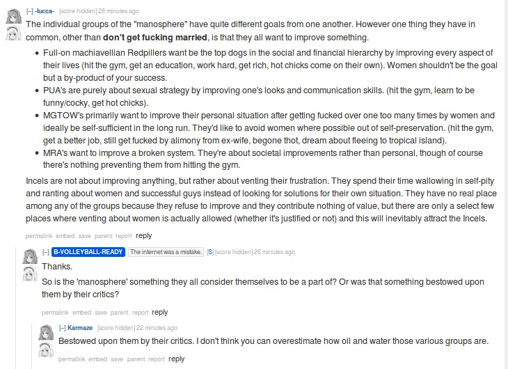 Manosphere — Cartoon of a men's rights activist surrounded by labeled dragons representing misandry concepts.