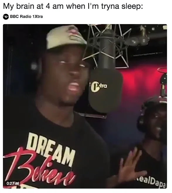 Mans Not Hot — Big Shaq mid-freestyle captioned 'My brain at 4 am when I'm tryna sleep'