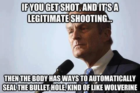 Mansplaining — A man in suit speaking with text claiming bodies have biological mechanisms to 'seal bullet holes' with healing abilities.