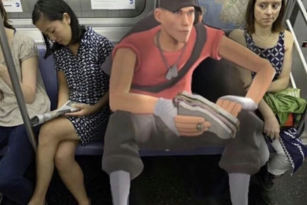 Woman and man on contrasting stools against a blue wall in anti-manspreading design