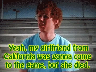 Manti Teos Girlfriend Hoax Teoing — Screenshot of young man with yellow impact text: 'Yeah, my girlfriend from California was gonna come to the game, but she