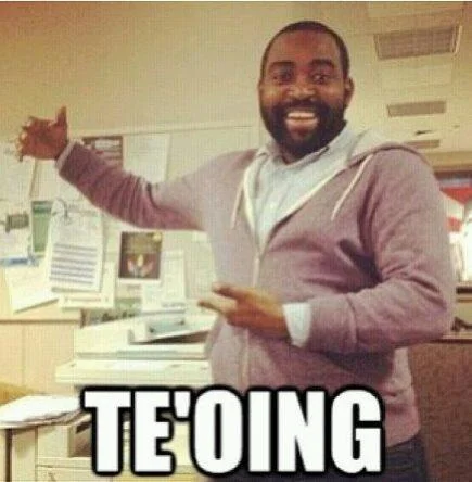 Manti Teos Girlfriend Hoax Teoing — Photo of a man in casual clothing making a cheerful gesture with 'TE'OING' text at the bottom, a wordplay pun referencing