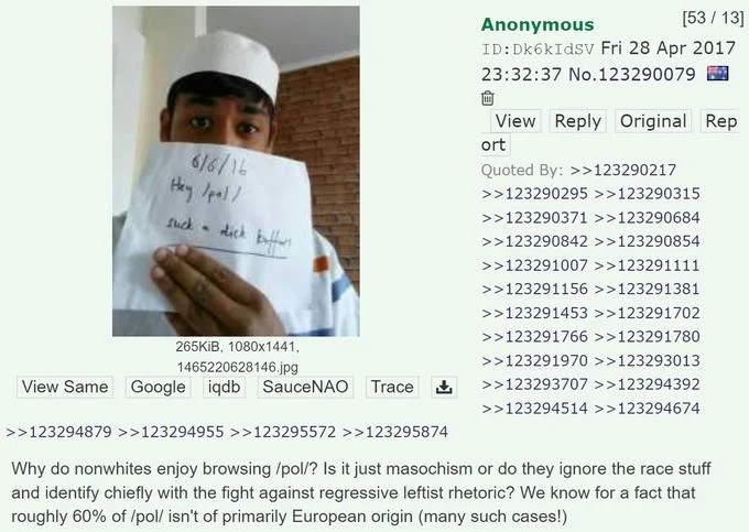 Many Such Cases — A 4chan screenshot from 2017 showing a person holding a handwritten note in a political discussion thread.