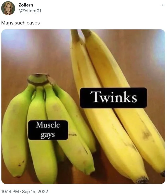 A Twitter meme from 2022 with header 'Many such cases' featuring banana images with humorous type labels.