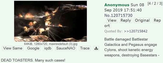 A 4chan post from 2019 with Battlestar Galactica space battle scene and text 'DEAD TOASTERS. Many such cases!'