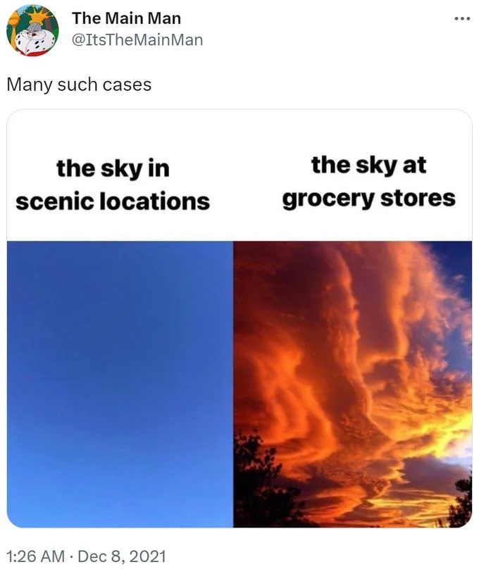 A Twitter meme from 2021 with header 'Many such cases' featuring serene blue sky versus dramatic orange sunset comparison.
