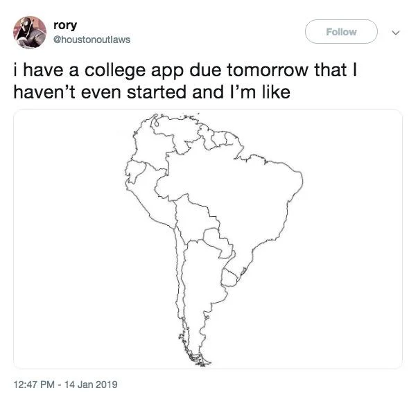 Map of South America — Tweet about procrastinating a college application using South America map