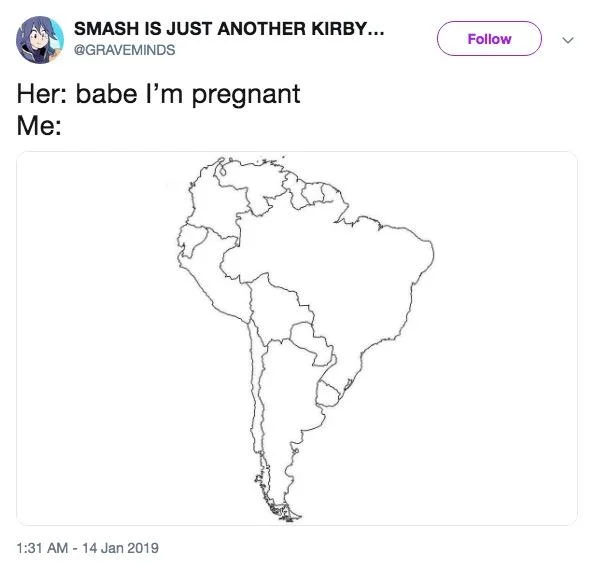 Map of South America — Tweet using South America map as reaction to pregnancy announcement