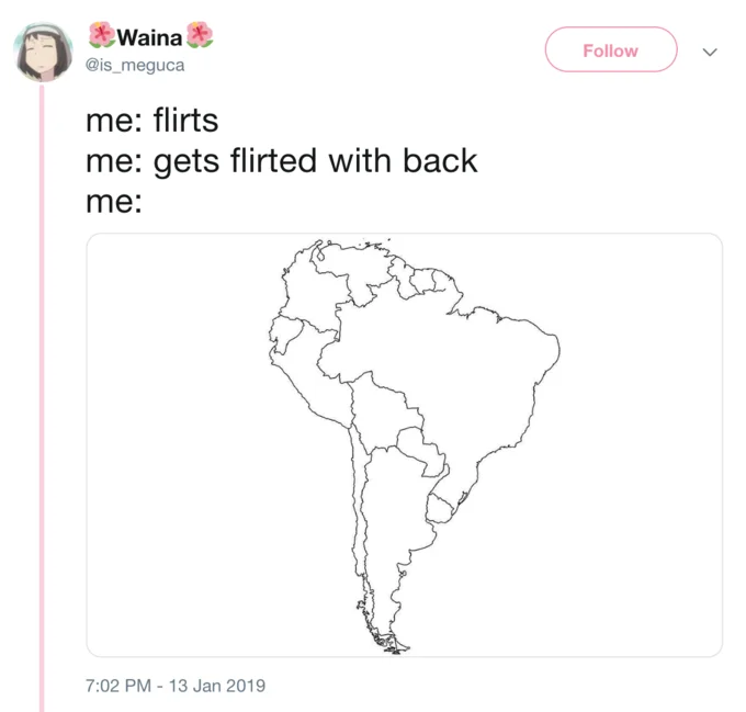 Map of South America — Tweet by @is_meguca joking about flirting, ending with a South America map