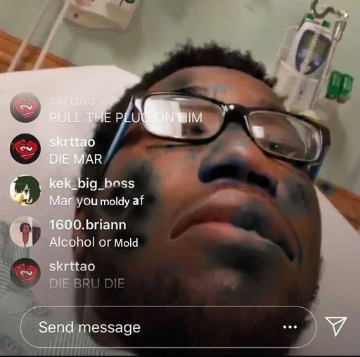 Mar Hospital Bed Instagram Live Edits — Mar hospital bed meme edited so his face appears covered in mold, with matching comments