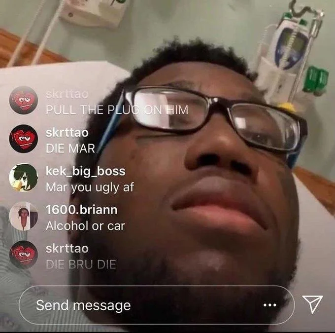 Mar Hospital Bed Instagram Live Edits — Screenshot of Mar in a hospital bed on Instagram Live with cruel viewer comments