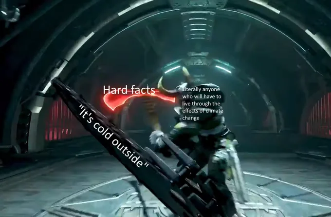 Marauder (Doom Eternal) — Doom Eternal Marauder meme comparing climate change denial to hard facts