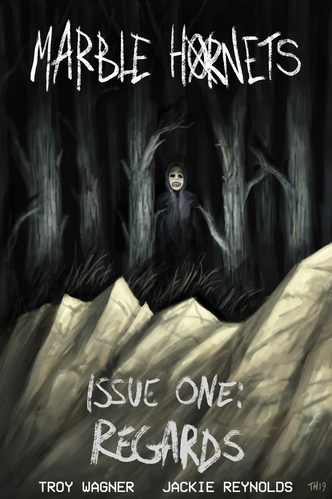 Illustration of the Marble Hornets Masky mask lying in leaves and dirt with '2018' text.