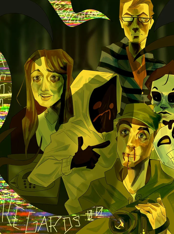 Marble Hornets — Fan art of Masky holding his mask and Hoody in a yellow hoodie, back-to-back with the Operator Symbol above.