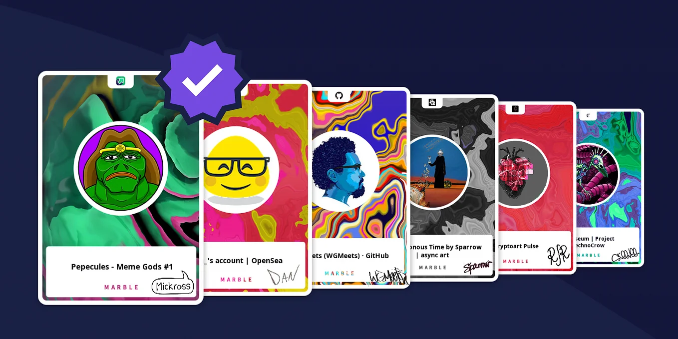 MarbleCards — A showcase of multiple colorful MarbleCard NFT digital collectible cards displayed horizontally with verification badge on dark navy background.