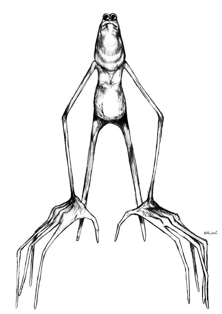 A minimalist black and white pen and ink line drawing of Marcus the Worm as a bipedal creature with round eyes and spread legs.