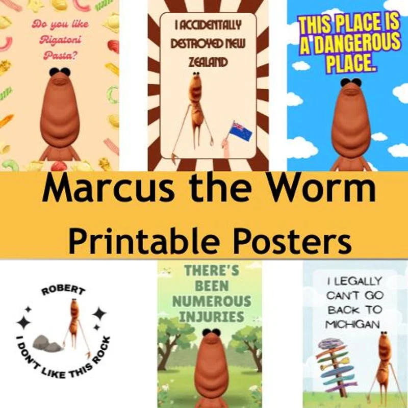 A collection of printable Marcus the Worm meme posters in grid layout, each featuring the character with iconic meme captions.