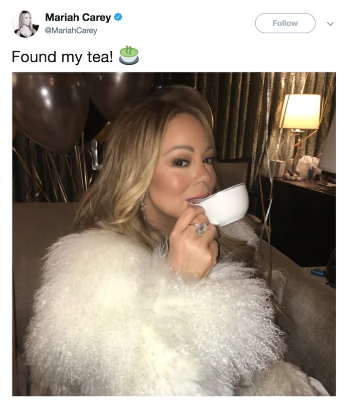 Mariah Carey New Year's Eve Performance FAIL — Mariah Carey tweet with a photo of her sipping tea captioned 'Found my tea!'