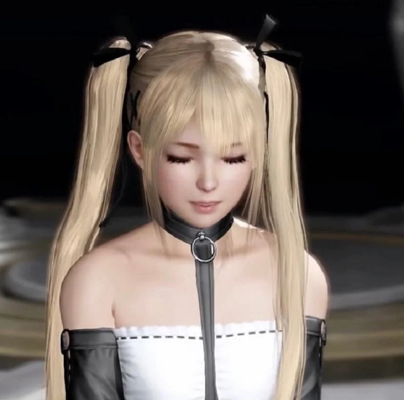 A professional 3D render of Marie Rose from Dead or Alive against a dark background featuring her distinctive blonde twintails and black and white outfit.