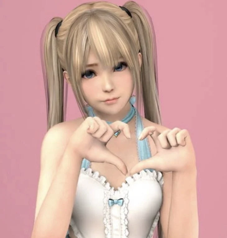 A professional 3D render of Marie Rose against a pink background displaying her blonde twintails hairstyle and white corset outfit with thumbs down gesture.