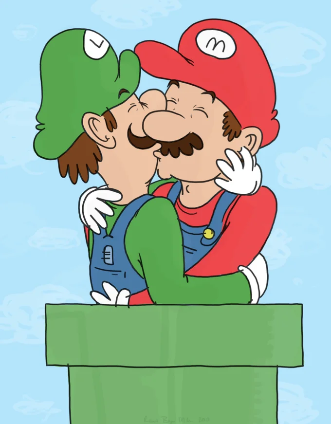 Full illustration of Mario and Luigi kissing while emerging from a green warp pipe