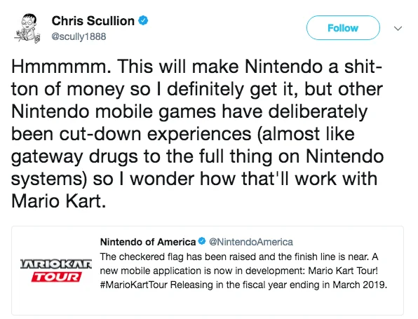 Twitter reaction by John Walker quoting Nintendo UK's Mario Kart Tour announcement