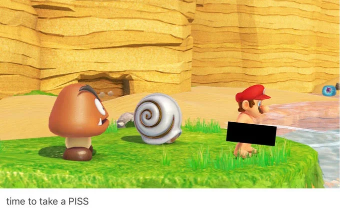 MS Paint drawing of Mario pissing next to a Goomba