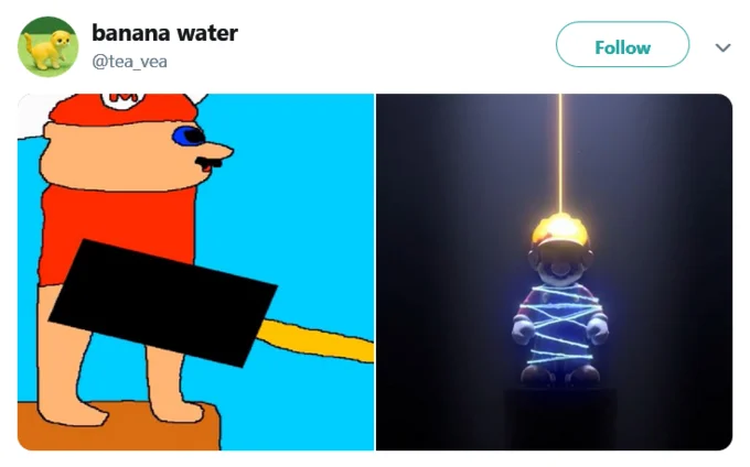 Mario Pissing — Twitter post showing MS Paint drawing of Mario next to a Mario figurine